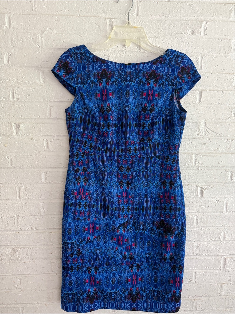 Blue Patterned Cap-Sleeve Midi Dress